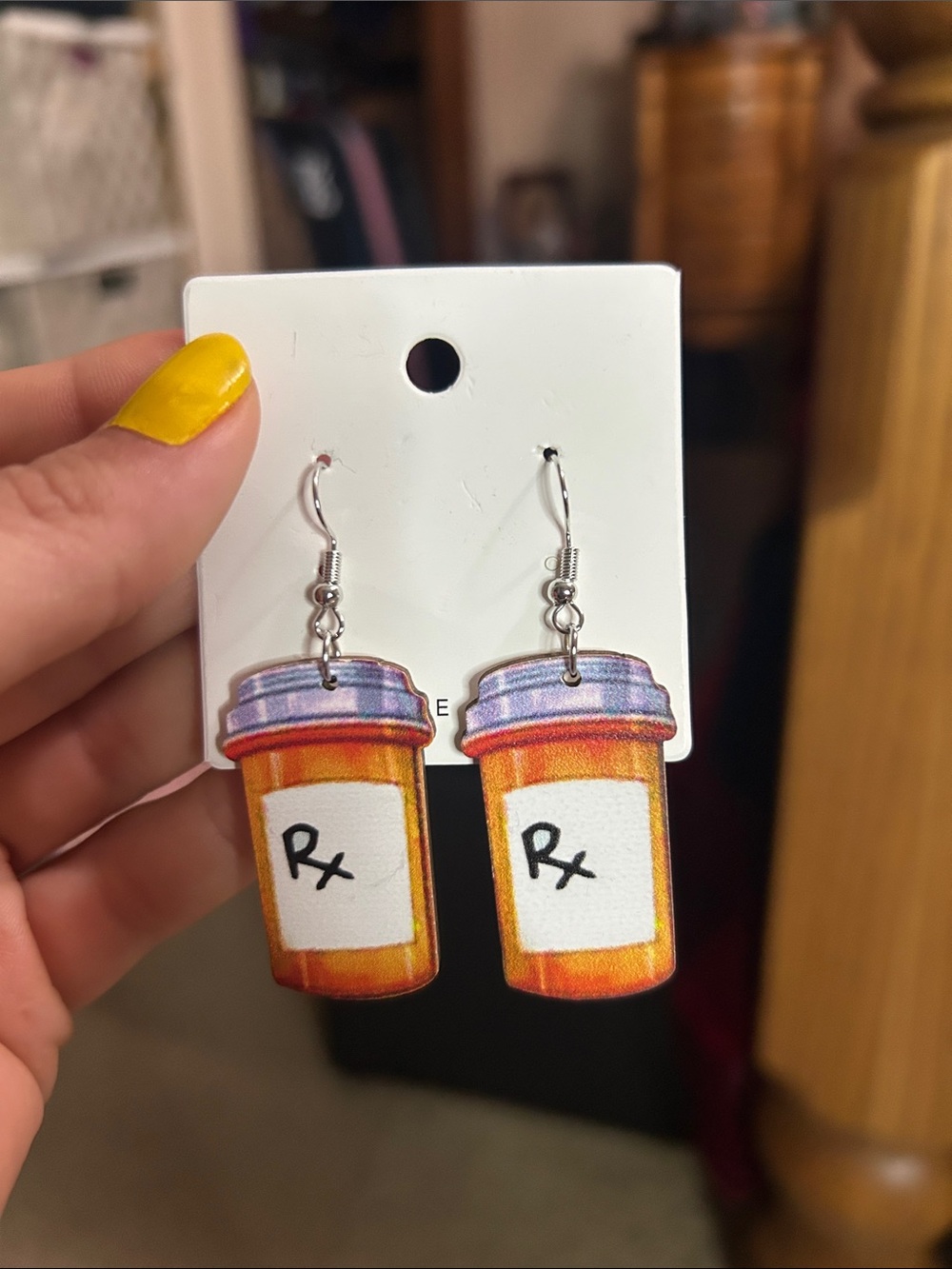 Prescription Pill Bottle Dangle Earrings in Orange & Purple